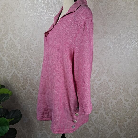 Tahari Size 1X 100% Linen Pink Blouse 3/4 Sleeve Collared V-Neck Side Buttons - Picture 4 of 10